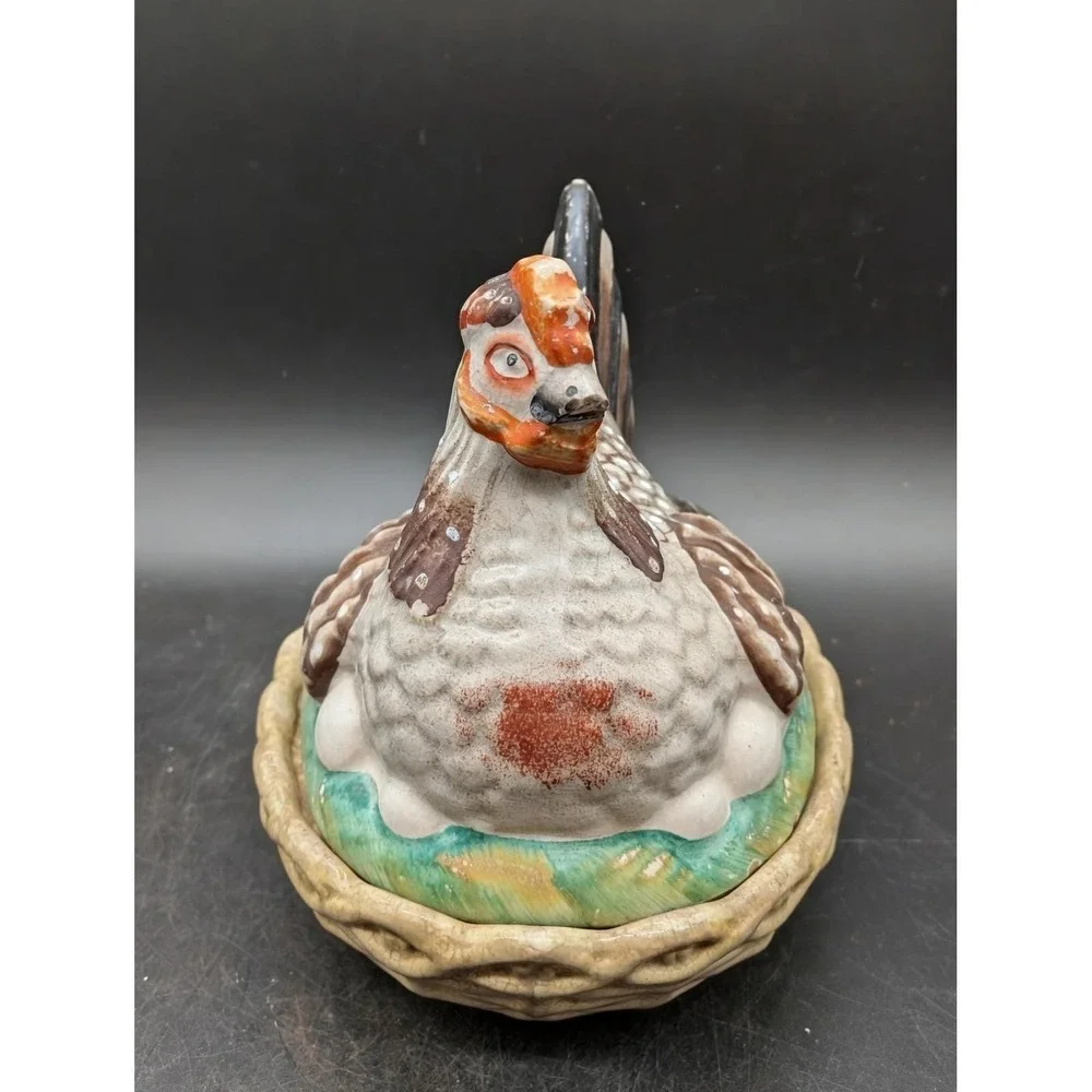 Antique Staffordshire Ceramic Hen on Nest Covered Dish Hand Painted As Is 6